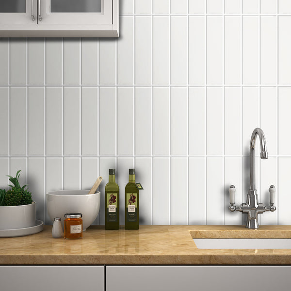 Decopus Peel and Stick Subway Tile Backsplash (Luxury Stone Composite - Ceramic White 2.5" x10"Brick x 42 pcs) for  Kitchen, Bathroom, Accent Wall - Tile for Remodeling, Smart tile