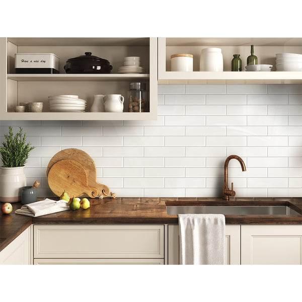 Decopus Peel and Stick Subway Tile Backsplash (Luxury Stone Composite - Ceramic White 2.5" x10"Brick x 42 pcs) for  Kitchen, Bathroom, Accent Wall - Tile for Remodeling, Smart tile
