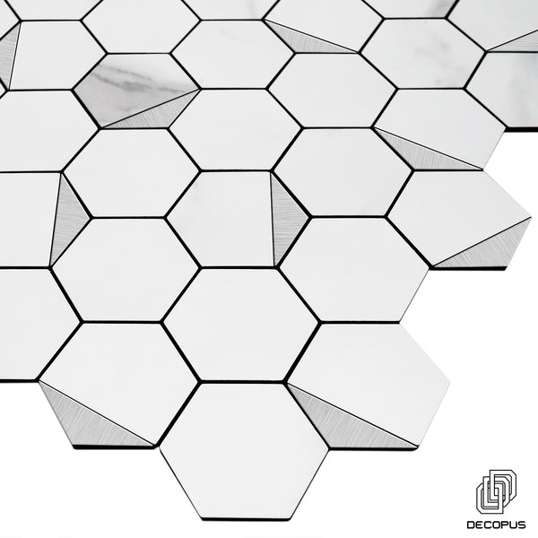 Decopus Faux Stone Tile Peel and Stick (Hexagon White Marble Silver Rim, 5pk) for Kitchen Backsplash, Bathroom Tile Self Adhesive