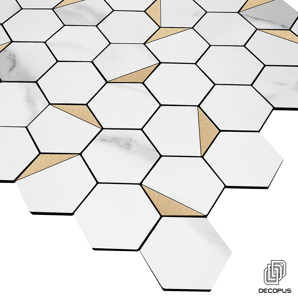 Decopus Faux Tile Peel and Stick Mosaic Tile Metal (Hexagon White Marble Gold Rim, 5pk) for Kitchen Backsplash, Bathroom Tile Self Adhesive
