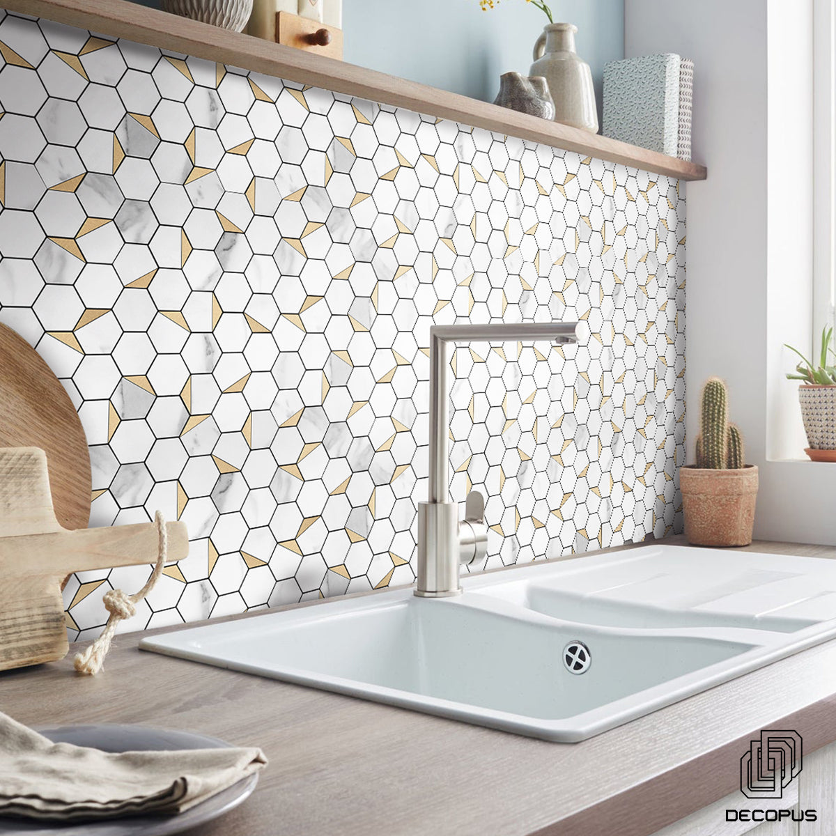 Decopus Faux Tile Peel and Stick Mosaic Tile Metal (Hexagon White Marble Gold Rim, 5pk) for Kitchen Backsplash, Bathroom Tile Self Adhesive