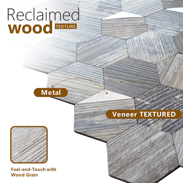 Decopus Metal Tile Peel and Stick Backsplash (Long Strip Shape in Reclaimed Wood Light Color 5pc_Pack)