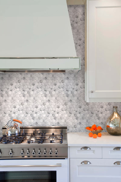 Decopus Soft Tile Peel and Stick Backsplash (Hexagon Carrara Marble Grey White ) 12'' x 12'' x0.1''