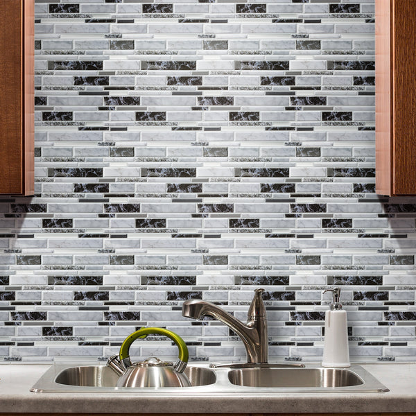 Decopus Soft Tile Peel and Stick Backsplash (Carrara Black White Grey Long Marble ) 12'' x 12'' x0.1''