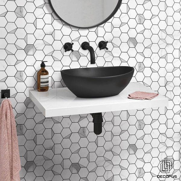 Decopus Faux Stone Tile Peel and Stick (Hexagon White Marble Silver Rim, 5pk) for Kitchen Backsplash, Bathroom Tile Self Adhesive