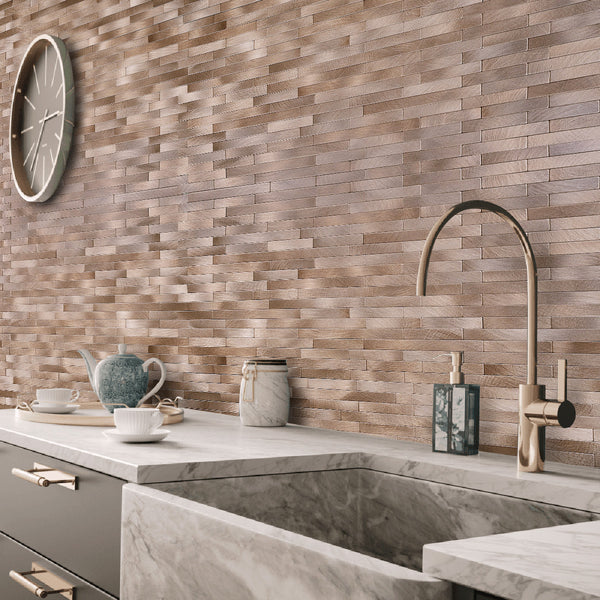 Decopus Peel and Stick Metal Tile Backsplash (LNG15 Copper Matte 5pc/Pack, 12in x 12in, 1.6 in Thick) for Kitchen Wall, Bathroom, Stick On Metal Wall Tile for, Self Adhesive Metal Tile