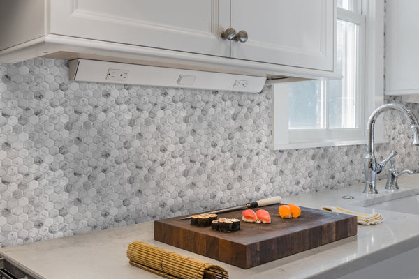 Decopus Soft Tile Peel and Stick Backsplash (Hexagon Carrara Marble Grey White ) 12'' x 12'' x0.1''