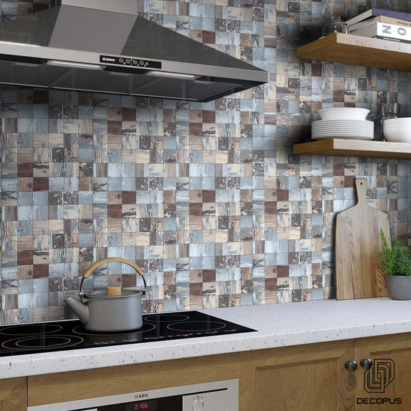 Decopus Metal Tile Peel and Stick Backsplash (AC Square Slate Rustic with Gold-5pc)