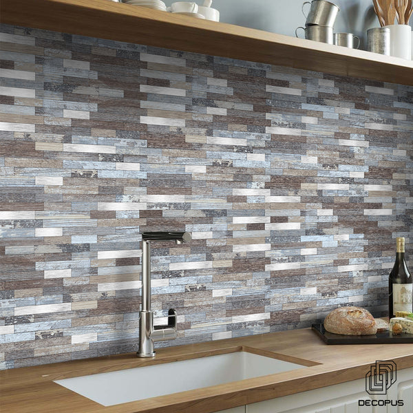 Decopus Metal Tile Peel and Stick Backsplash (Long Strip Shape in Reclaimed Wood Light Color 5pc_Pack)