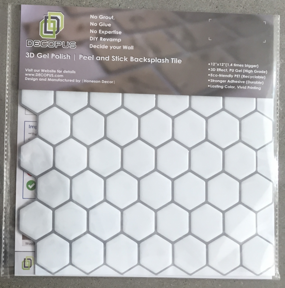 Decopus 3D MarbleTile Backsplash Peel and Stick Vinyl (Hexagon - Mono White 10pc/Pack) for Kitchen & Bathroom with Marble Printing