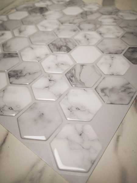 Decopus Soft Tile Peel and Stick Backsplash (Hexagon Carrara Marble Grey White ) 12'' x 12'' x0.1''