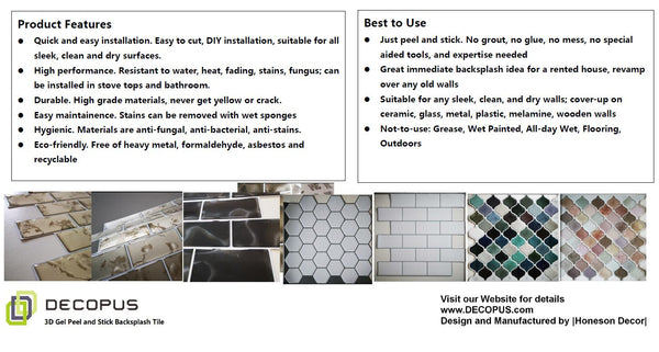Decopus Soft Tile Peel and Stick Backsplash (Hexagon Carrara Marble Grey White ) 12'' x 12'' x0.1''