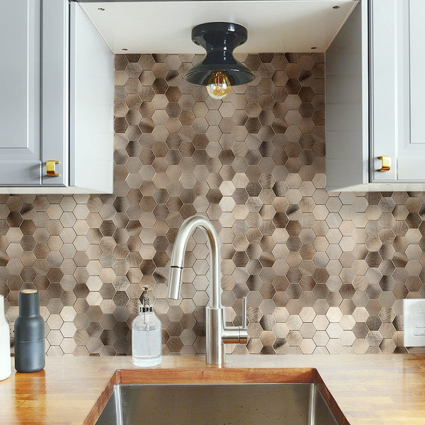 Decopus Metal Tile Peel and Stick  (Hexagon Copper Matte 12 x12'', 1.6'' Thick) Adhesive