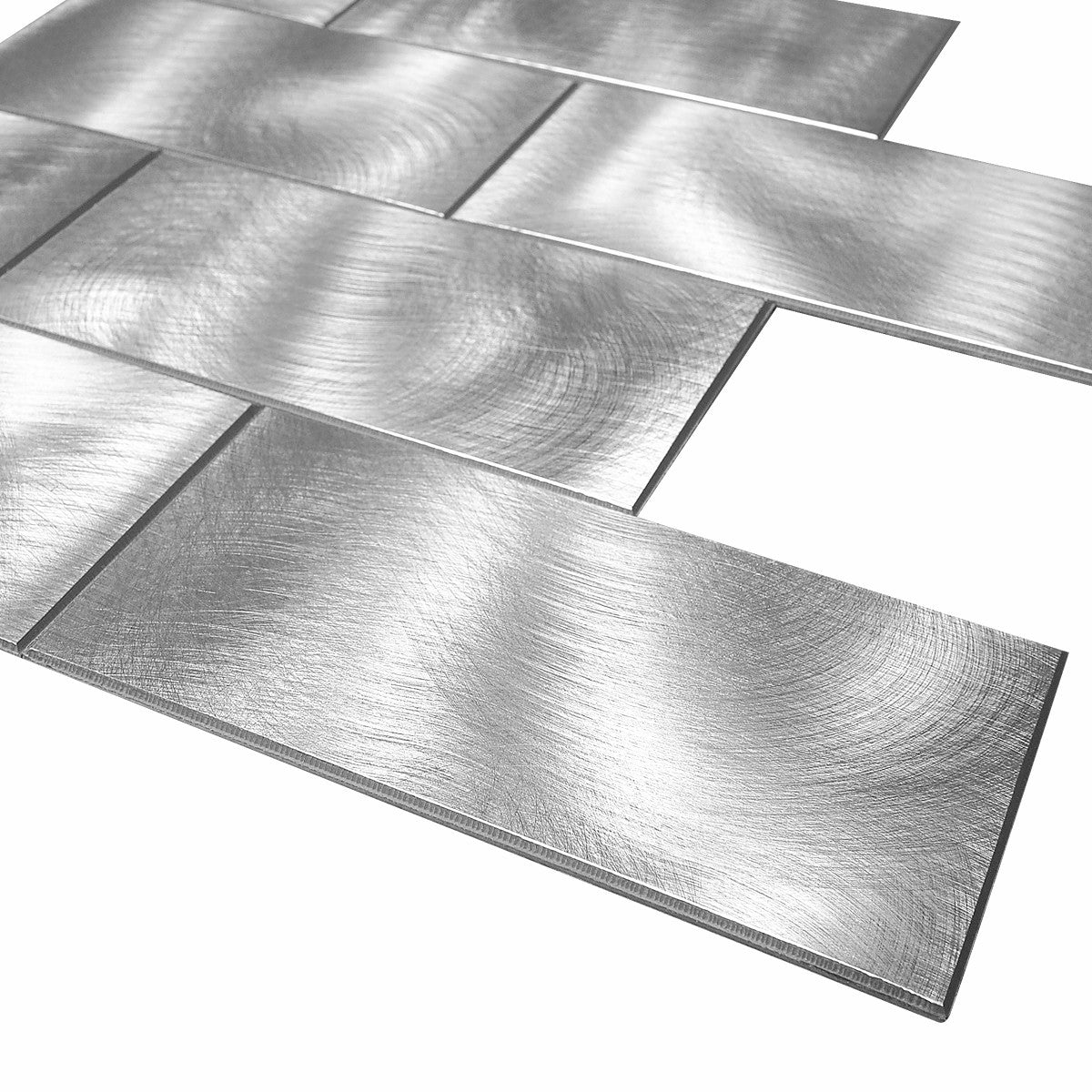 Decopsu Metal Subway Tile Backsplash Peel and Stick (Retangle Silver, Rotary Abrased 5pc/Pack) for Kitchen Bathroom Wall Accent 15in x 12in 1.6in Thick, Self Adhesive Metal Tile