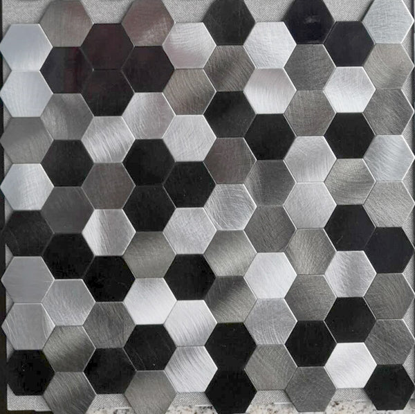 Decopus Metal Tile Backsplash Peel and Stick (Hexagon Black Silver Grey Matte 12 x12'', 1.6'')