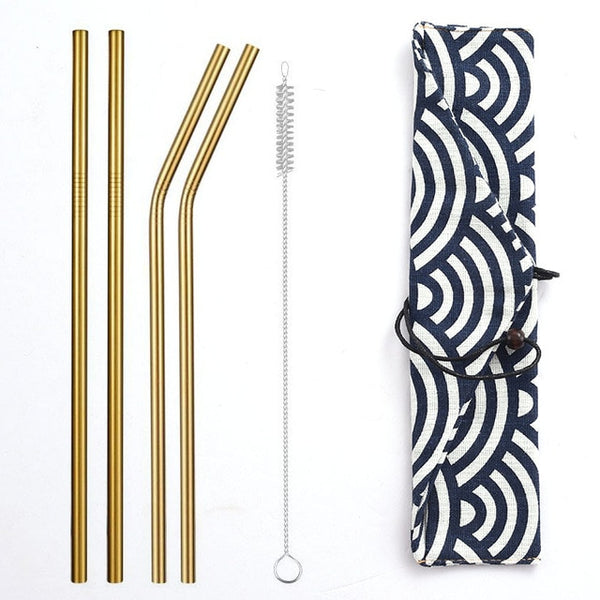 Daydayuse - Reusable Metal Drinking Straws 304 Stainless Steel Sturdy Bent Straight Straw with Cleaning Brush and Bag Bar