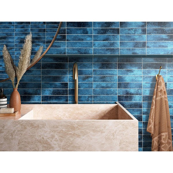 Decopus Peel and Stick Subway Tile Backsplash (Luxury Stone Composite - Sapphire Blue 2.5" x10"Brick x 42 pcs) for  Kitchen, Bathroom, Accent Wall - Tile for Remodeling, Skinnysplash, Smart Tile