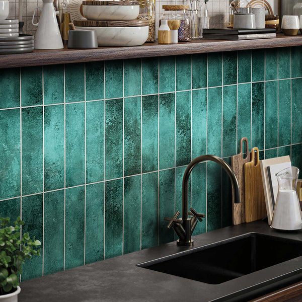 Decopus Peel and Stick Subway Tile Backsplash (Luxury Stone Composite - Emerald Green 2.5" x10"Brick x 42 pcs) for  Kitchen, Bathroom, Accent Wall - Tile for Remodeling, Skinnysplash, Smart Tile