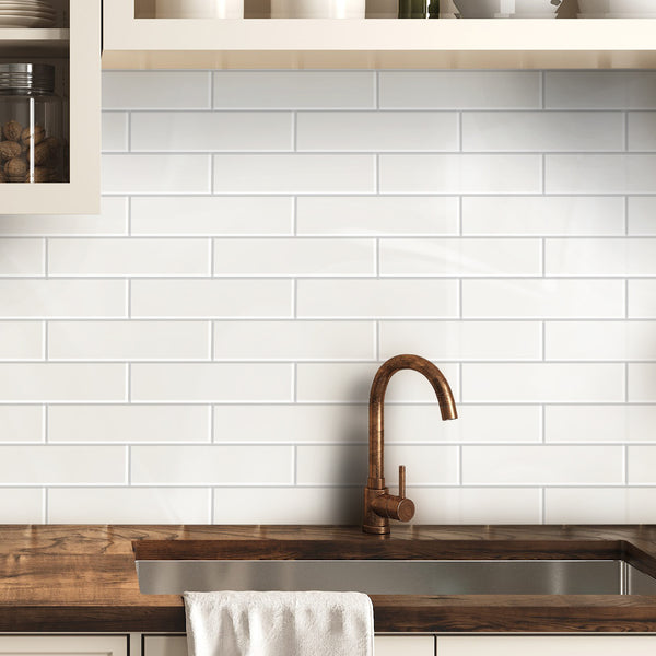 Decopus Peel and Stick Subway Tile Backsplash (Luxury Stone Composite - Ceramic White 2.5" x10"Brick x 42 pcs) for  Kitchen, Bathroom, Accent Wall - Tile for Remodeling, Skinnysplash, Smart Tile