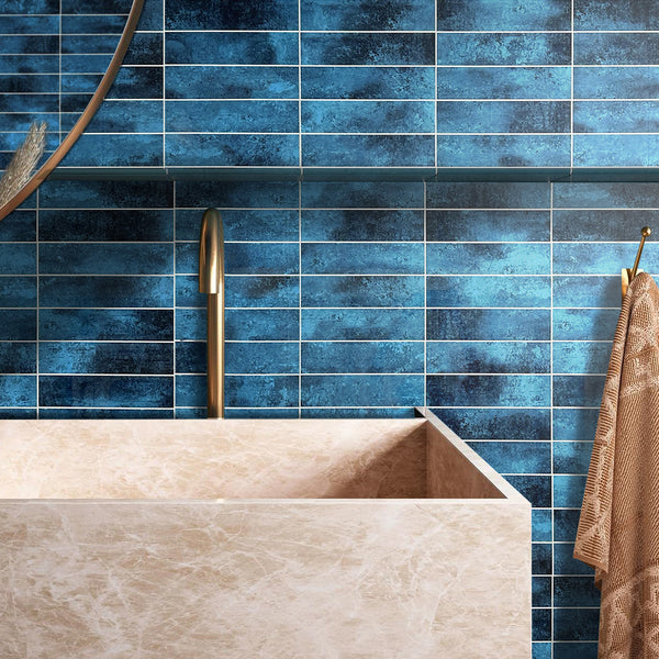 Decopus Peel and Stick Subway Tile Backsplash (Luxury Stone Composite - Sapphire Blue 2.5" x10"Brick x 42 pcs) for  Kitchen, Bathroom, Accent Wall - Tile for Remodeling, Skinnysplash, Smart Tile