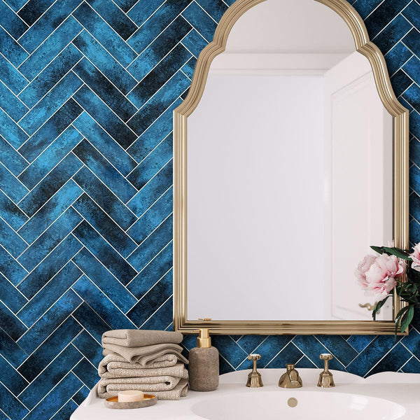 Decopus Peel and Stick Subway Tile Backsplash (Luxury Stone Composite - Sapphire Blue 2.5" x10"Brick x 42 pcs) for  Kitchen, Bathroom, Accent Wall - Tile for Remodeling, Skinnysplash, Smart Tile