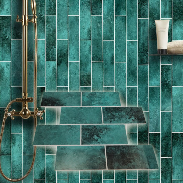 Decopus Subway Tile Peel and Stick Backsplash (Luxury Stone Composite - Green Emerald 10"x12.5" Sheet 10pc/pk) for Kitchen, Bathroom, Car Camper, Wall Accents - Removable, Best Value for Remodeling