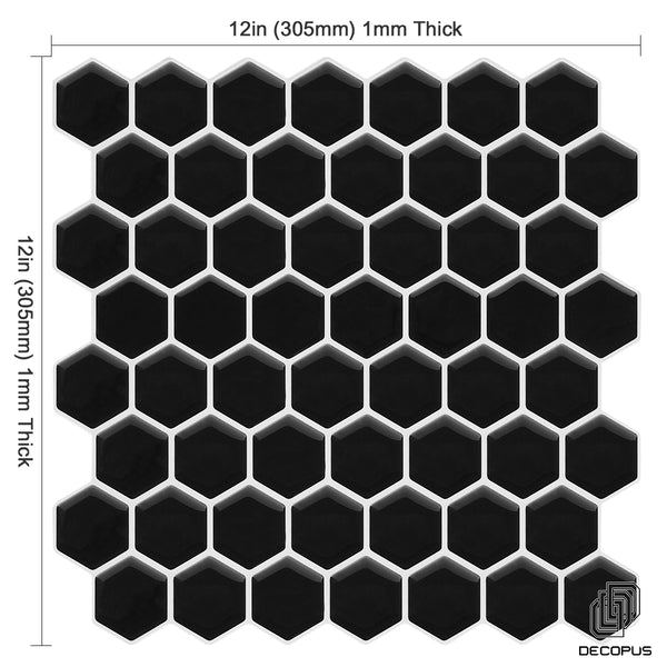 Decopus 3D MarbleTile Backsplash Peel and Stick Vinyl (Hexagon - Mono Black 10pc/Pack) for Kitchen & Bathroom with Marble Printing