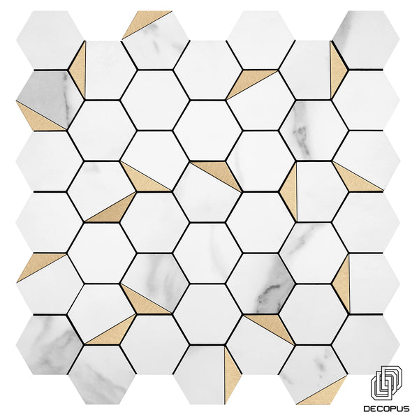 Decopus Faux Tile Peel and Stick Mosaic Tile Metal (Hexagon White Marble Gold Rim, 5pk) for Kitchen Backsplash, Bathroom Tile Self Adhesive