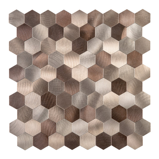 Decopus Metal Tile Peel and Stick Backsplash (Hexagon Copper Brown Muted-Gold Mixed Matted ) 12in x 12in. 4mm thick, Stick On