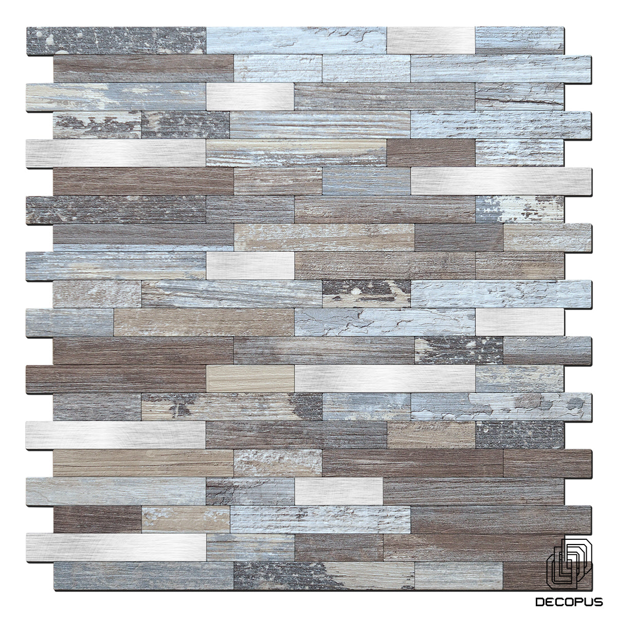 Decopus Metal Tile Peel and Stick Backsplash (Long Strip Shape in Reclaimed Wood Light Color 5pc_Pack)