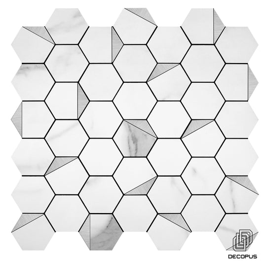 Decopus Faux Stone Tile Peel and Stick (Hexagon White Marble Silver Rim, 5pk) for Kitchen Backsplash, Bathroom Tile Self Adhesive