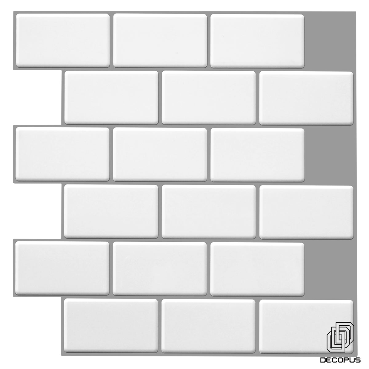 Decopus 3D Subway Tile Peel and Stick Backsplash Mono Whtie (Subway 2'x3.5' chip 12 x 12' Sheet, 10pc/Pack) for Kitchen, Bathroom, Wall Accents, FauxStone Soft Vinyl