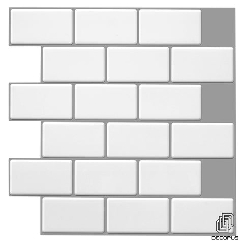 Decopus 3D Subway Tile Peel and Stick Backsplash Mono Whtie (Subway 2'x3.5' chip 12 x 12' Sheet, 10pc/Pack) for Kitchen, Bathroom, Wall Accents, FauxStone Soft Vinyl