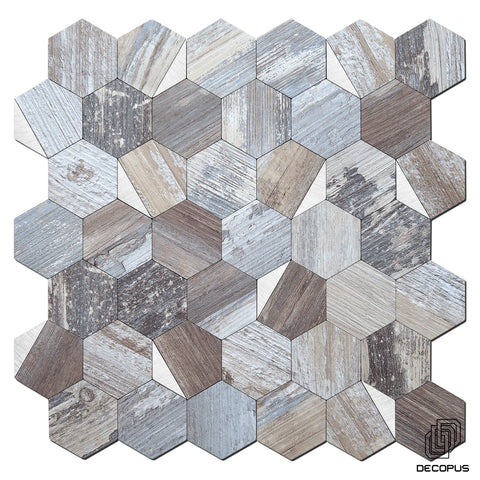 Decopus Tile Peel and Stick Backsplash (Hexagon Shape Light Wreckage_Silver) for Kitchen Bathroom Ceiling Wall Accent Covering Faux Stone Woo