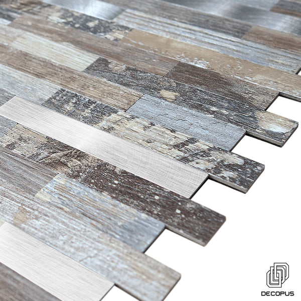 Decopus Metal Tile Peel and Stick Backsplash (Long Strip Shape in Reclaimed Wood Light Color 5pc_Pack)