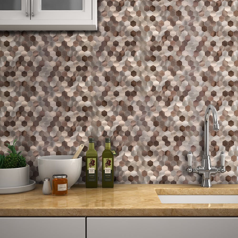 Decopus Metal Tile Peel and Stick Backsplash (Hexagon Copper Brown Muted-Gold Mixed Matted ) 12in x 12in. 4mm thick, Stick On