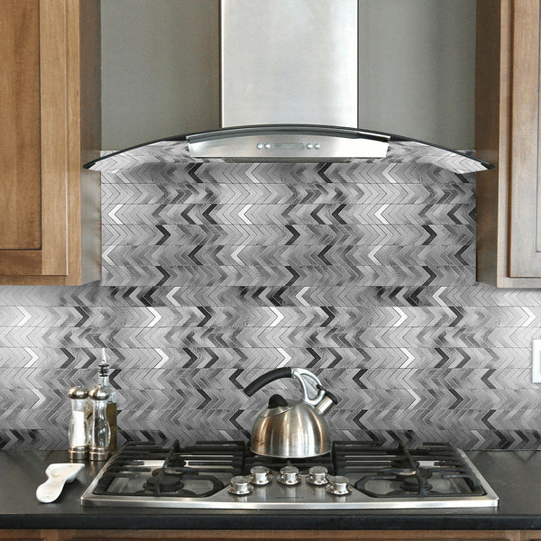 Decopus Peel and Stick Metal Tile Backsplash (Herring Bone, Chevron Silver) for Kitchen, Bathroom