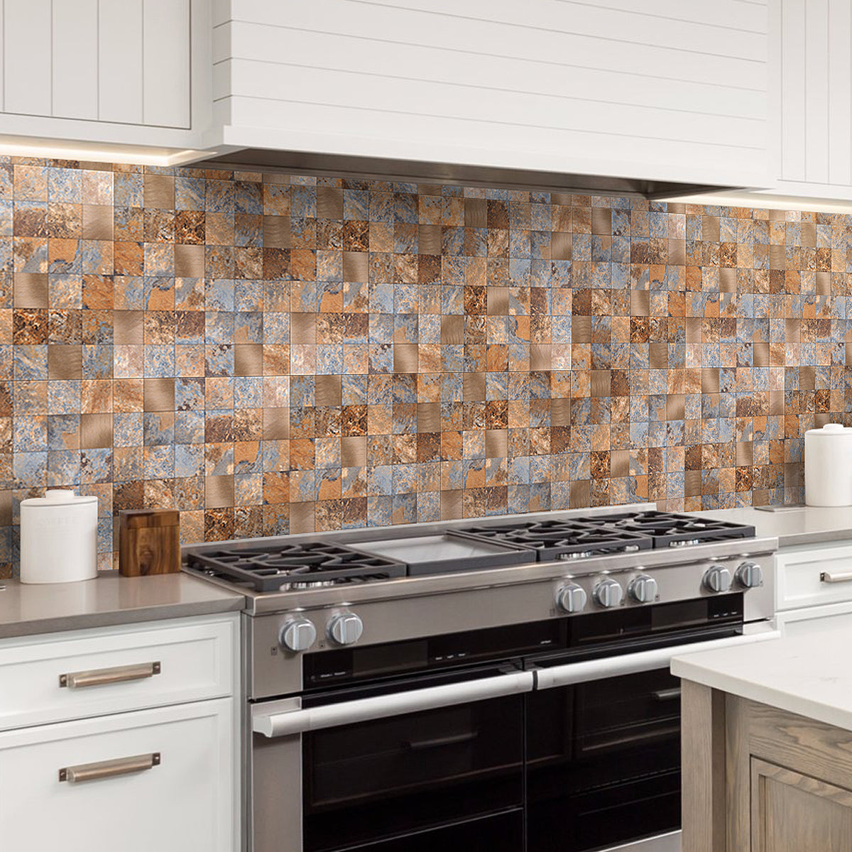 Decopus Metal Tile Peel and Stick Backsplash (AC Square Slate Rustic with Gold-5pc)