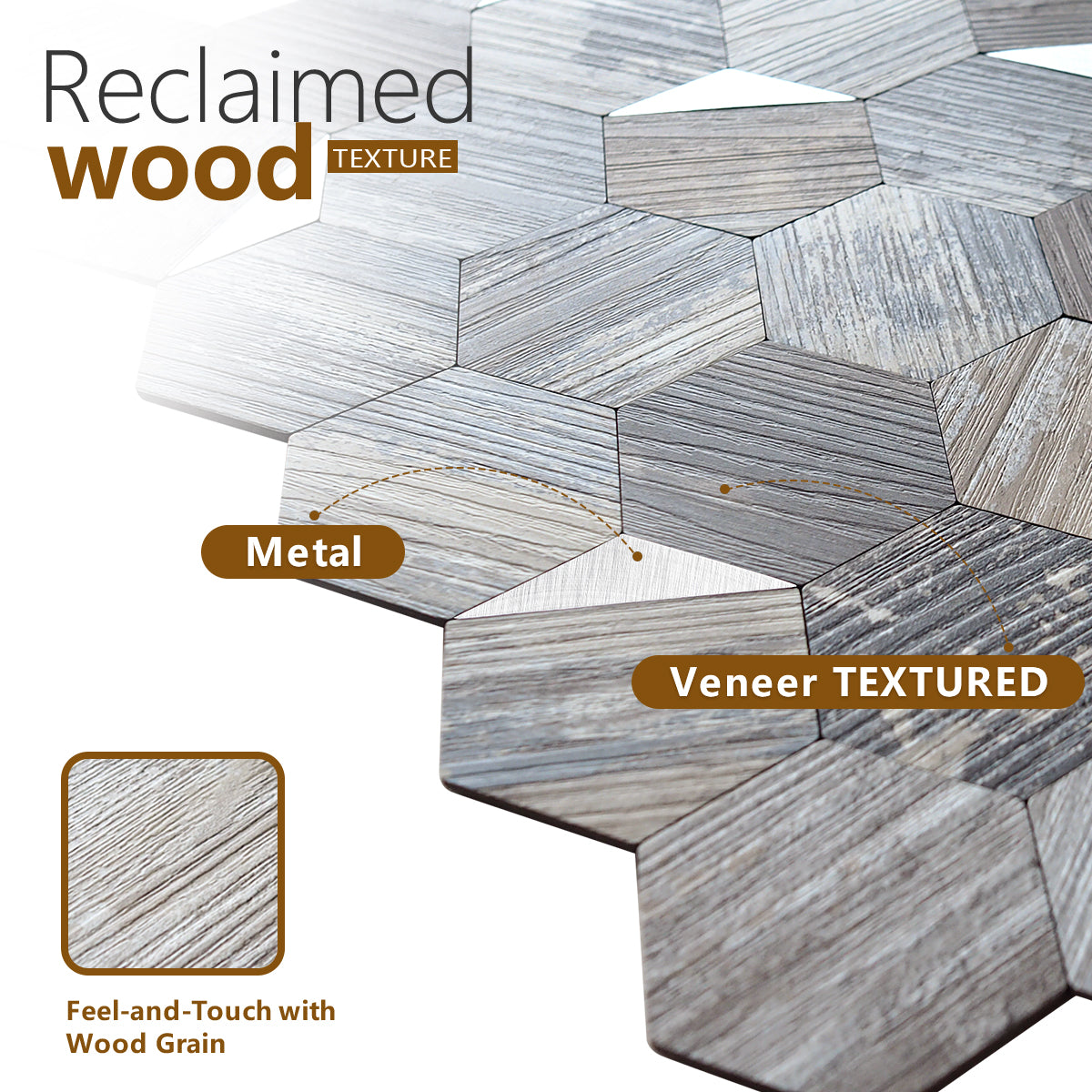 Decopus Metal Tile Peel and Stick Backsplash (Long Strip Shape in Reclaimed Wood Light Color 5pc_Pack)