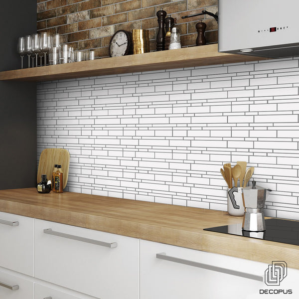 Decopus Flex Tile Peel and Stick Backsplash Vinyl (Longstrip - Mono White Ceramic10pc/Pack) for Kitchen, Bathroom, Wall Accents Flex Tile Stick On