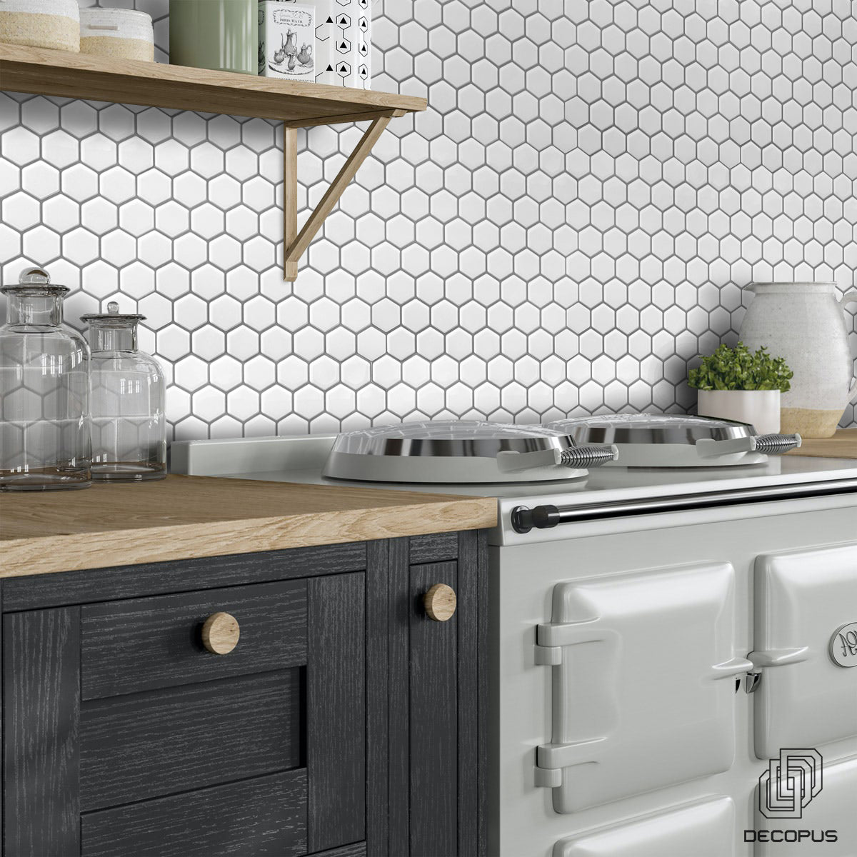Decopus 3D MarbleTile Backsplash Peel and Stick Vinyl (Hexagon - Mono White 10pc/Pack) for Kitchen & Bathroom with Marble Printing