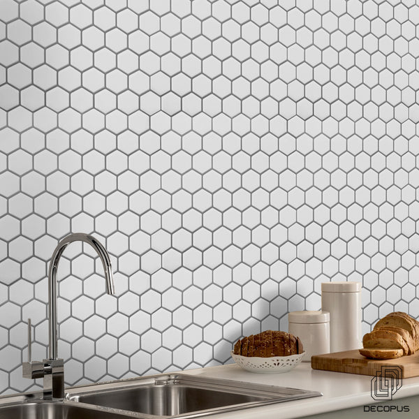 Decopus 3D MarbleTile Backsplash Peel and Stick Vinyl (Hexagon - Mono White 10pc/Pack) for Kitchen & Bathroom with Marble Printing