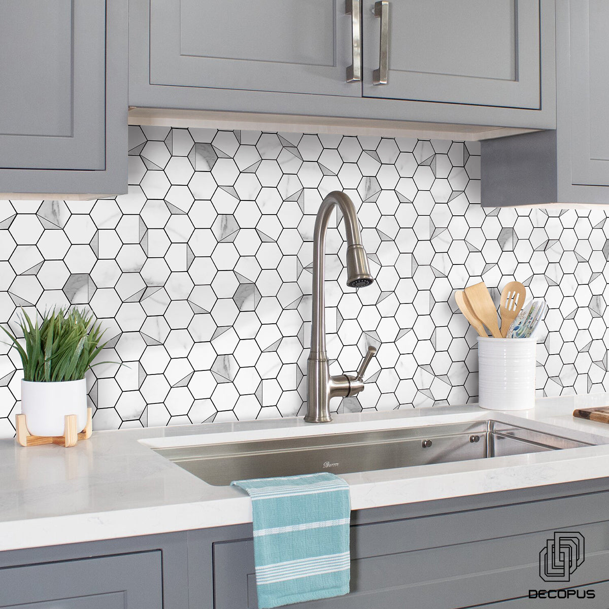 Decopus Faux Stone Tile Peel and Stick (Hexagon White Marble Silver Rim, 5pk) for Kitchen Backsplash, Bathroom Tile Self Adhesive
