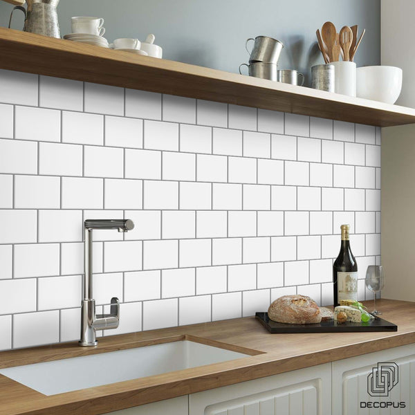 Decopus 3D Marble Tile Backsplash Peel and Stick Vinyl (Brick - Mono White 10pc/Pack) for Kitchen & Bathroom Self Adhesive Vinyl Tile