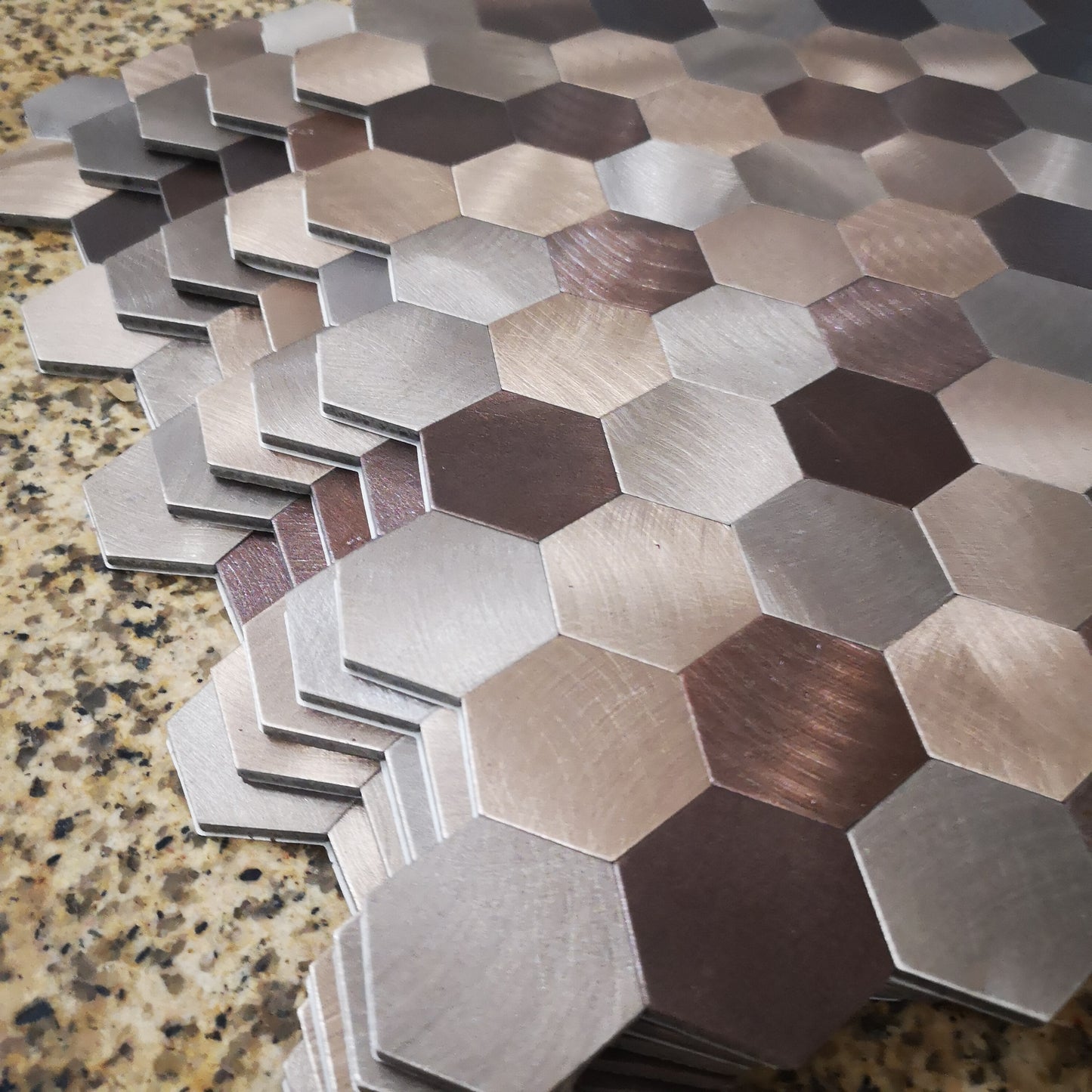 Decopus Metal Tile Peel and Stick Backsplash (Hexagon Copper Brown Muted-Gold Mixed Matted ) 12in x 12in. 4mm thick, Stick On