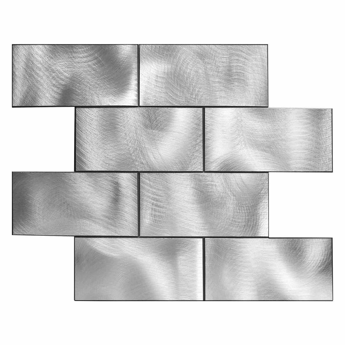Decopsu Metal Subway Tile Backsplash Peel and Stick (Retangle Silver, Rotary Abrased 5pc/Pack) for Kitchen Bathroom Wall Accent 15in x 12in 1.6in Thick, Self Adhesive Metal Tile