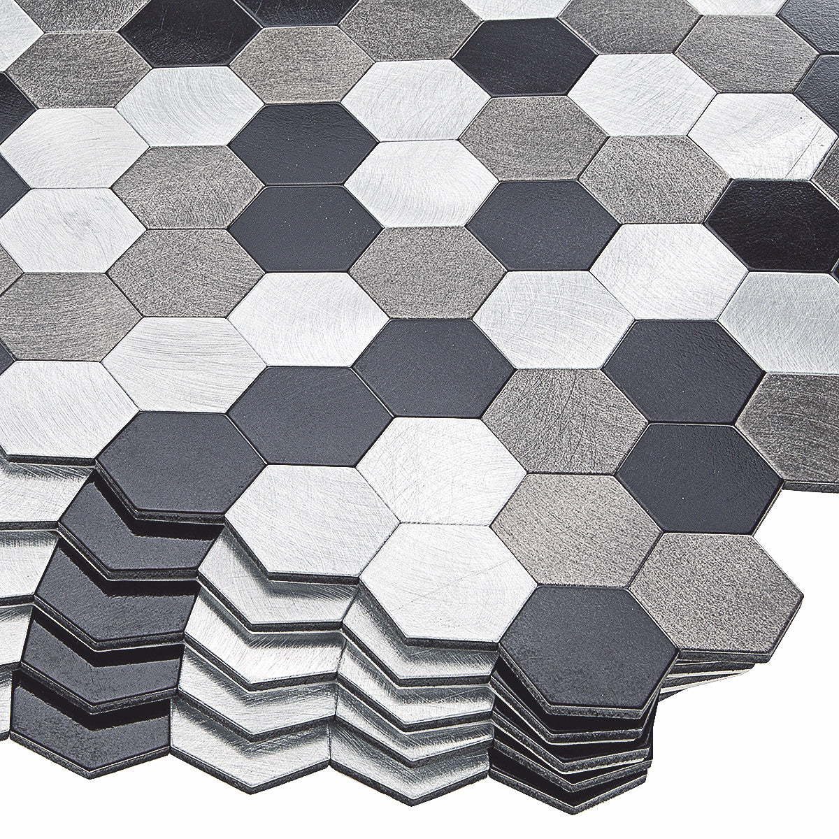 Decopus Metal Tile Backsplash Peel and Stick (Hexagon Black Silver Grey Matte 12 x12'', 1.6'')