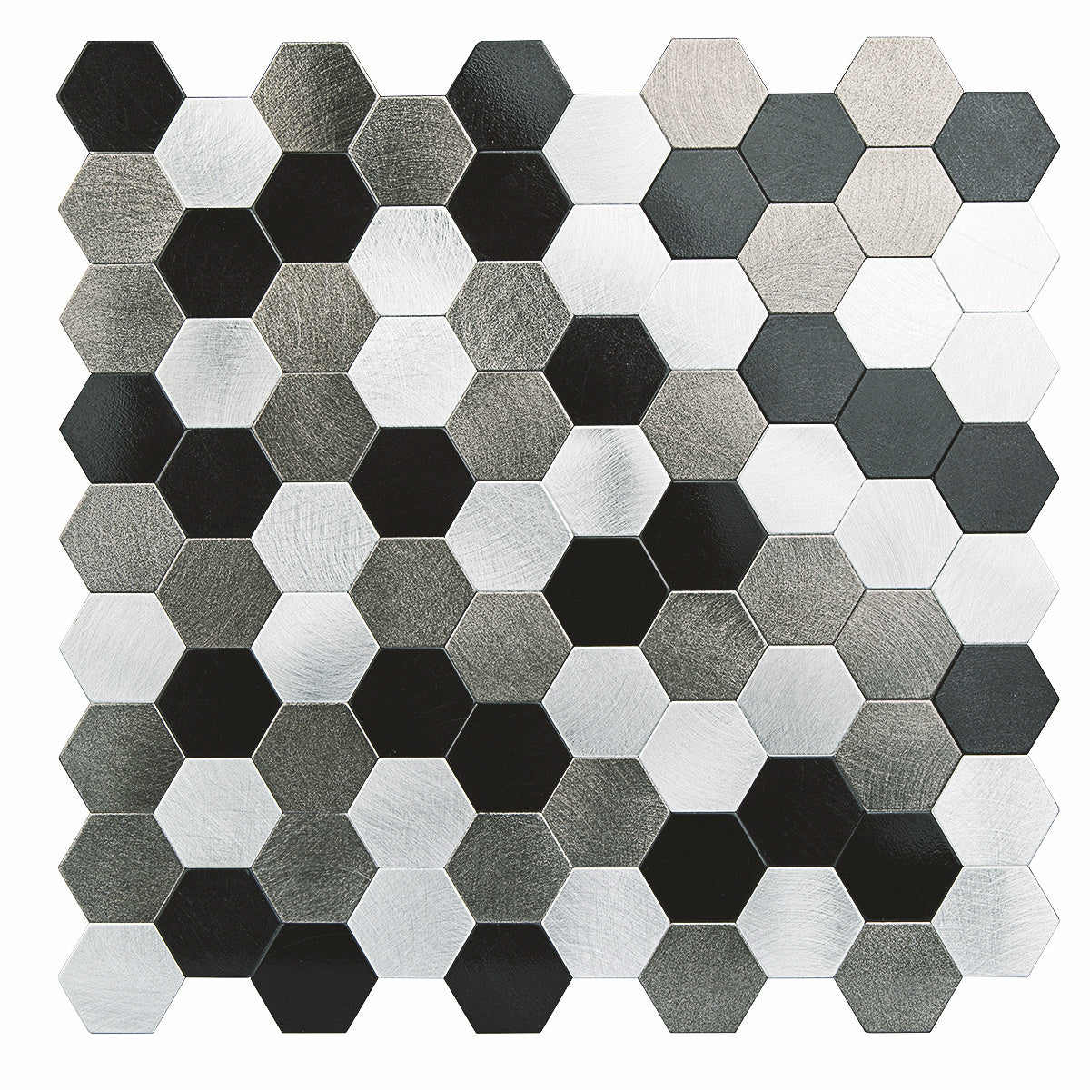 Decopus Metal Tile Backsplash Peel and Stick (Hexagon Black Silver Grey Matte 12 x12'', 1.6'')