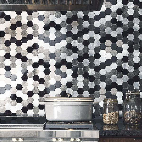 Decopus Metal Tile Backsplash Peel and Stick (Hexagon Black Silver Grey Matte 12 x12'', 1.6'')