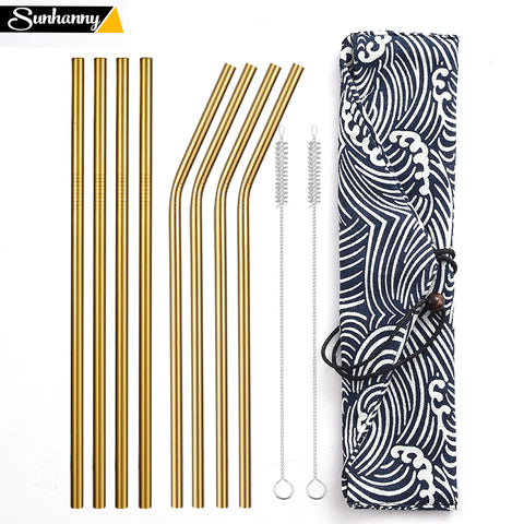 Daydayuse - Reusable Metal Drinking Straws 304 Stainless Steel Sturdy Bent Straight Straw with Cleaning Brush and Bag Bar